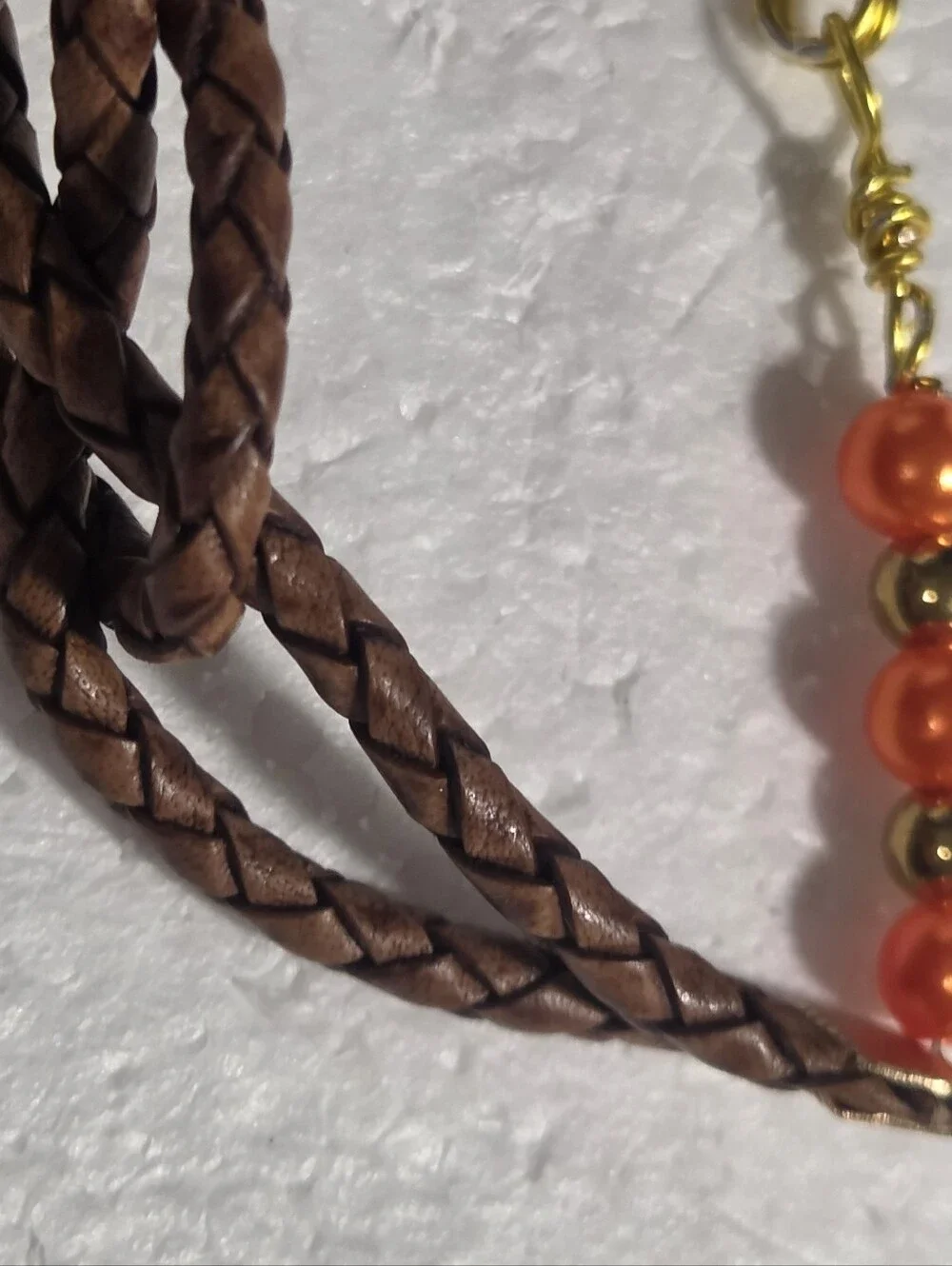 Handcrafted Orange Faux Pearl & Brown Braided Leather Bracelet